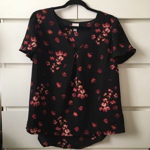 Black & Red Floral Flutter Sleeve Blouse
